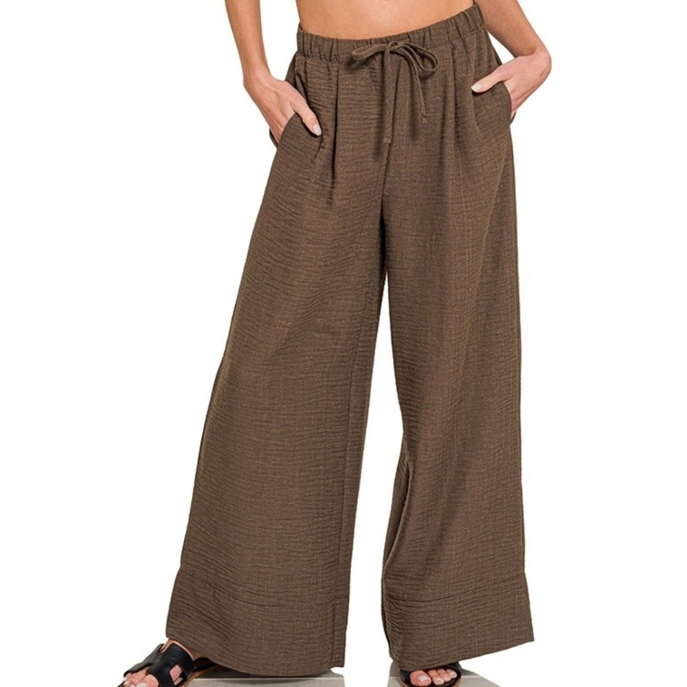 Zenana Woven Airflow Drawstring Pant - Dk Brown